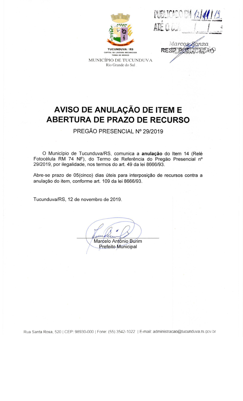 AVISO ANULAÇÃO DE ITEM E ABERTURA DE PRAZO RECURSO PP 29_2019